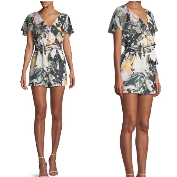 Club Monaco Pants - Club Monaco Ionita Floral Ruffle Romper Green White 00/XXS